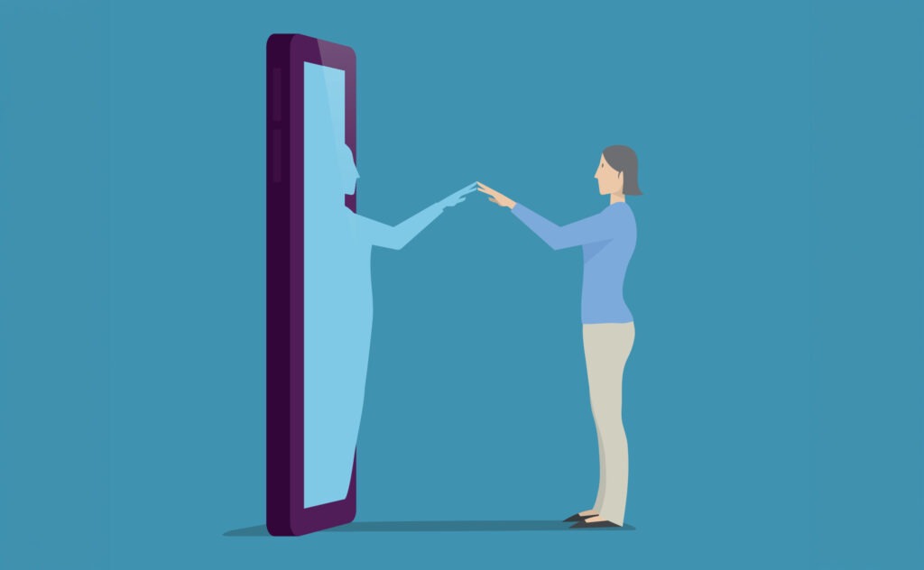 vecteezy woman looks her reflection comes up from the smartphone 6134945 copy