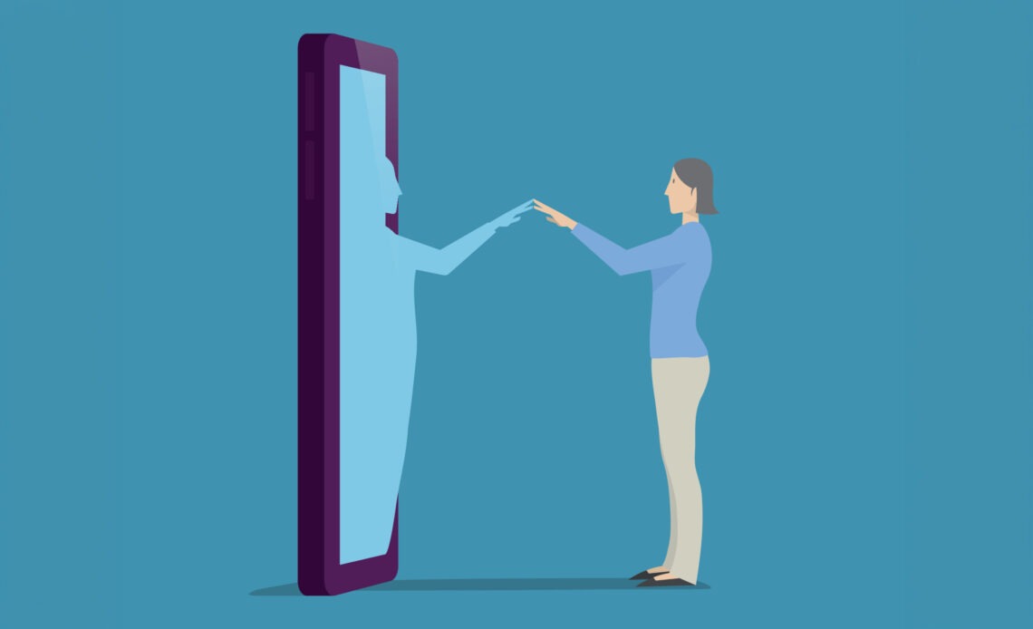 vecteezy woman looks her reflection comes up from the smartphone 6134945 copy